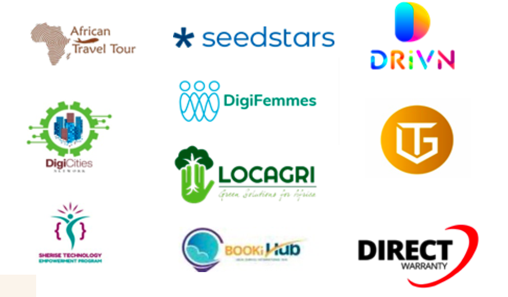 Organizations we've worked with including African Travel Tour, Seedstars, DRIVN, DigiFemmes, DigiCities, LOCAGRI, BOOKiT Hub, and Direct Warranty
